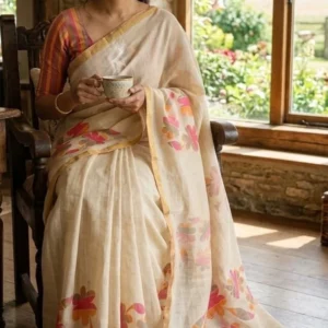 LIEBESGEWAND Printed, Graphic Print, Temple Border Daily Wear Cotton Linen Saree (Cream)